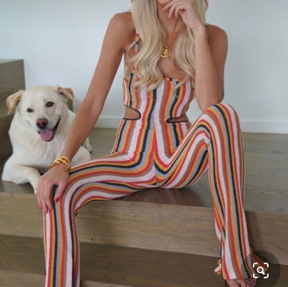 Zara Crochet Terrycloth Vertical Striped Cutout Blogger Fave Jumpsuit New Large - Picture 2 of 16